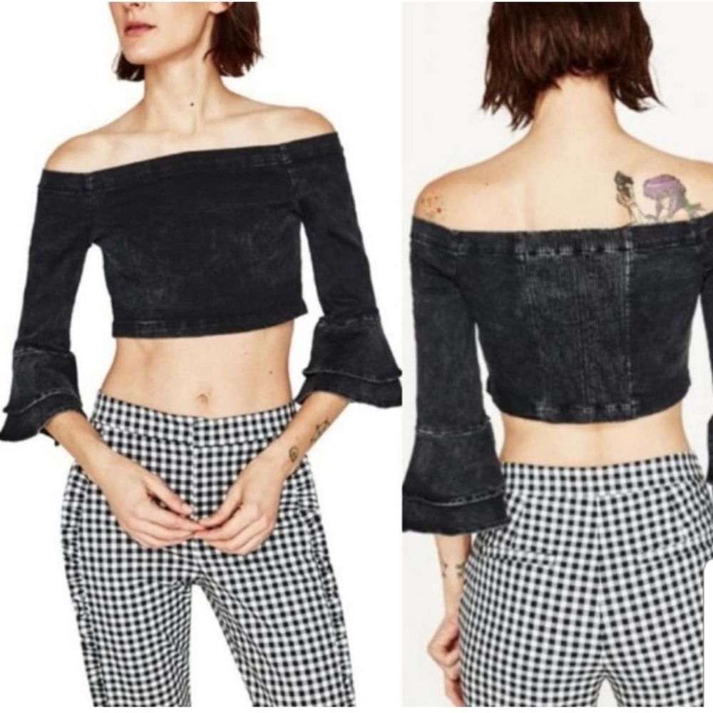 Zara EUC Denim Cropped Off Shoulder Top Ruffled Sleeves Size S